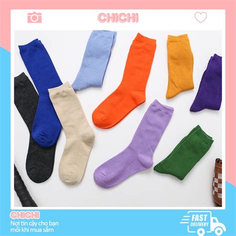 Tất vớ cổ cao nam nữ trơn nhún vải cotton cute dễ thương phong cách Hàn