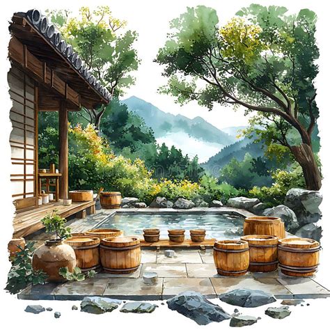 Serene Japanese Onsen Spa Watercolor Painting Of Tranquil Hot Spring