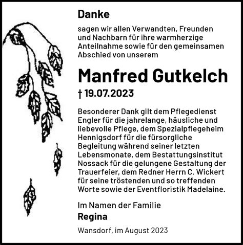 Traueranzeigen von Manfred Gutkelch Märkische Onlinezeitung Trauerportal