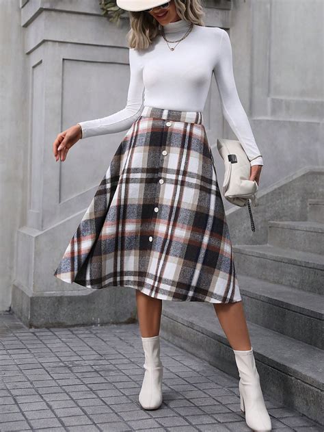 Shein Lune Plaid Print Button Front Flare Skirt Shein Usa