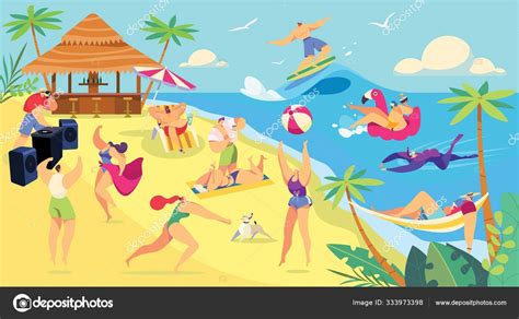 Summer Vacation Beach Activities Cartoon Characters People Vector