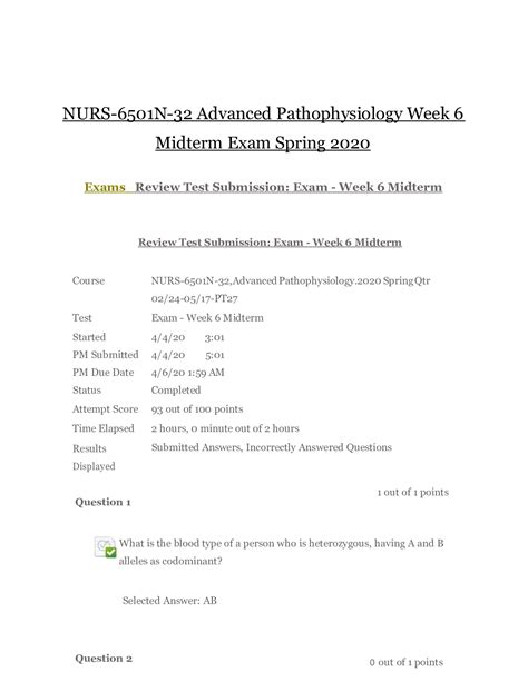 Nurs N Advanced Pathophysiology Week Midterm Exam Spring