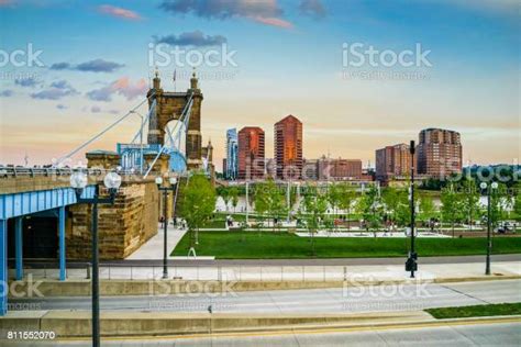 John A Roebling Suspension Bridge With Sunset Stock Photo Download