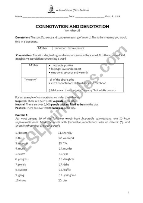 Connotation And Denotation Worksheet Printable Word Searches