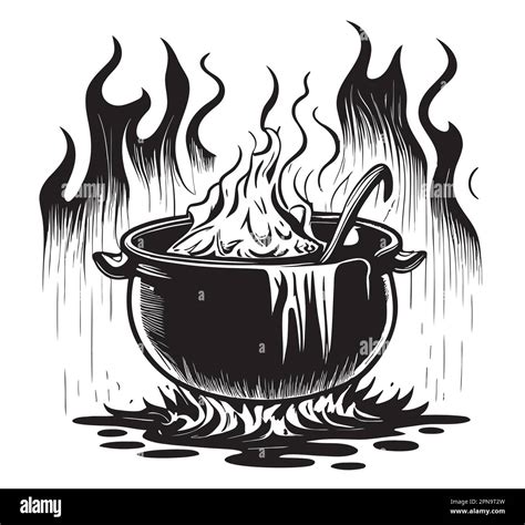 Witch Cauldron On Firein Forest Hand Drawn Sketch Halloween Vector