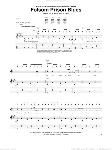 Cash Folsom Prison Blues Sheet Music For Guitar Tablature