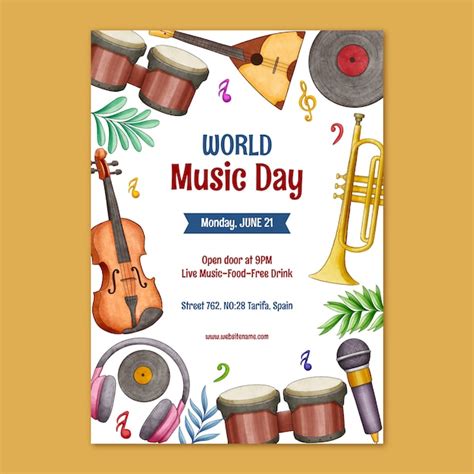 Free Vector Watercolor Vertical Poster Template For World Music Day