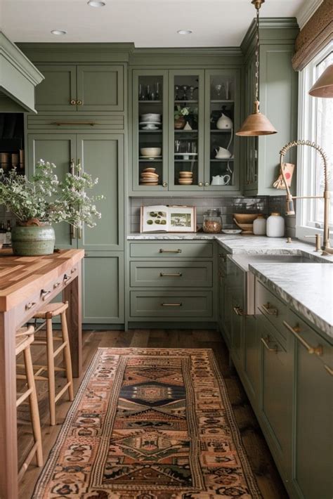 50 Kitchens With Green Cabinets And Wood Accents In 2024 Dark Green