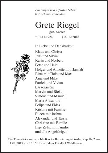 Traueranzeigen Von Grete Riegel Trauer Anzeigen De