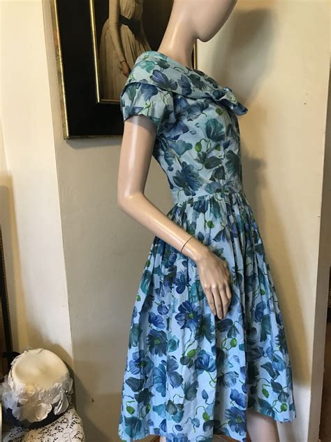 Vintage 50s Darling Blue Floral Cotton Full Skirt Rockabilly Etsy