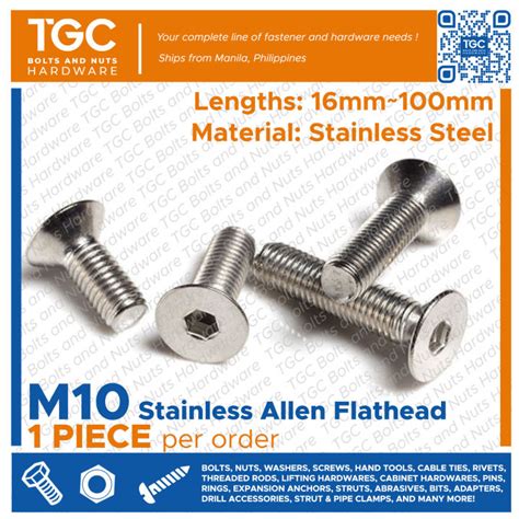 TGC 1PC SS Allen Flat M10 X 16 100 NC Stainless Countersunk Flathead