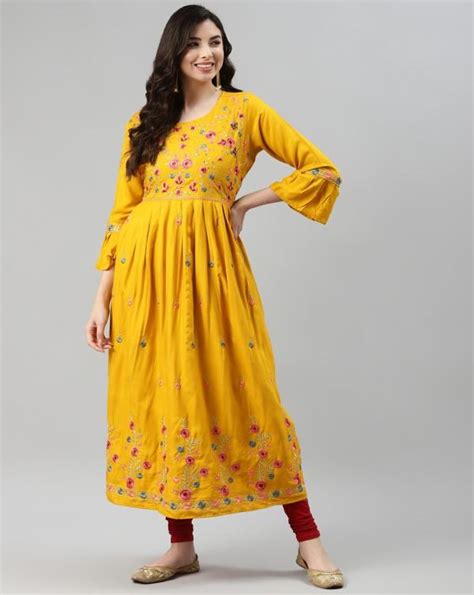 Aarika Women S Yellow Color Embroidery Work Flaired Kurti Jiomart