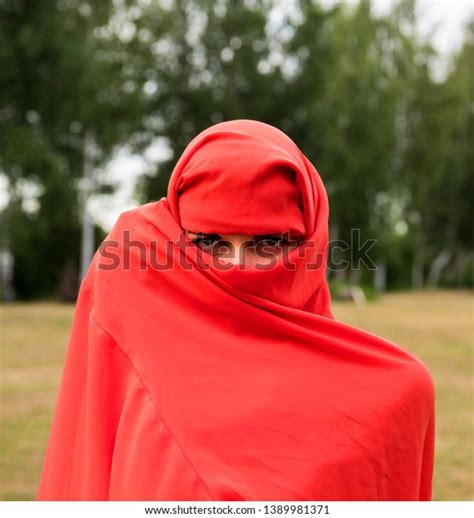 Beautiful Nude Woman Red Fabric Posing Stock Photo 1389981371