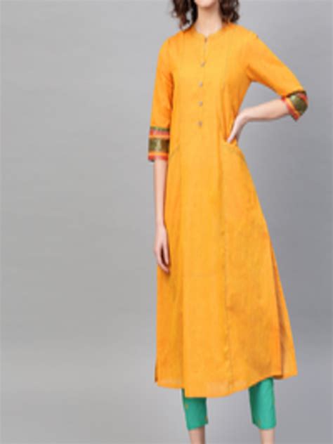 Buy Pinksky Women Mustard Yellow And Green Solid Kurta With Trousers