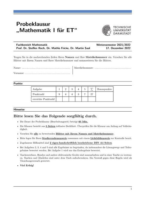 Probeklausur WS 21 Mathe 1 Probeklausur Mathematik I für ET