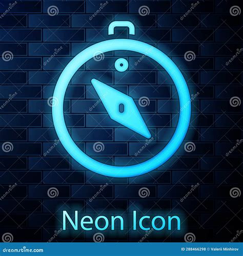 Glowing Neon Compass Icon Isolated On Brick Wall Background Windrose