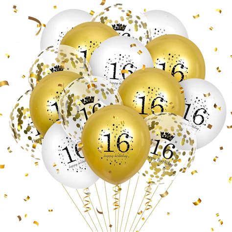 16th Latex Birthday Balloons 15pcs White Gold Happy 16th