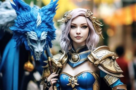 Premium AI Image | A woman in a cosplay with a blue dragon