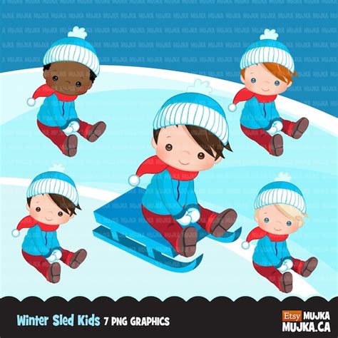 Winter sled snow kids clipart, kids sledding, tobogganing, winter ...