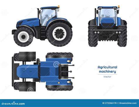 Blue Tractor Drawing Isolated Agricultural Machine Top Side Front