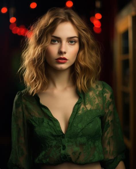 Retrato De Una Mujer Hermosa En Una Camisa Verde Con Luces Rojas En El