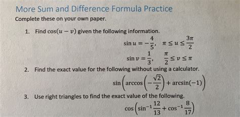 Solved More Sum And Difference Formula Practice Complete Chegg