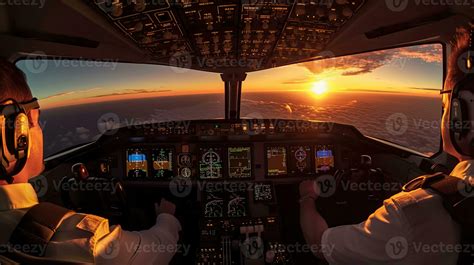 Pilots fly the plane. View from the cockpit of a modern passenger plane ...