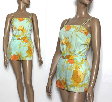 1950s Playsuit Swimsuit With Floral Pattern Aqua Yellow Peach Gold By