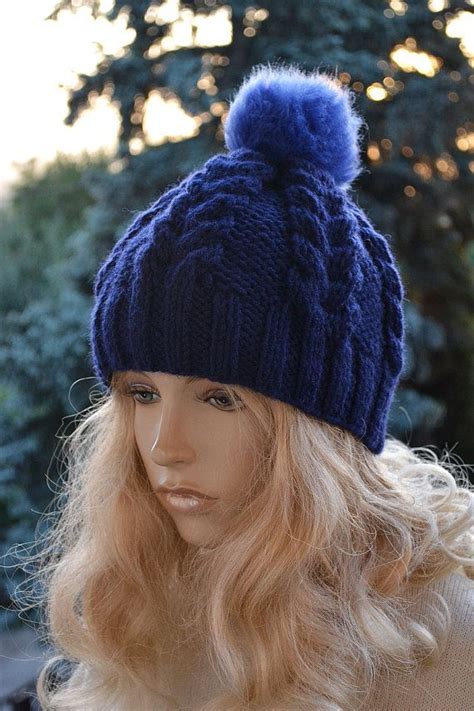 Knitted Navy Blue Cap Hat FUR POMPOM Women S Hat Etsy Knitted Hats