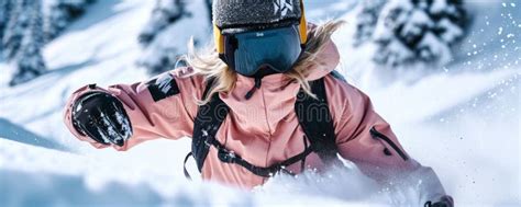 Close Up Of Female Snowboarder Wearing Pink Suit Black Helmet And