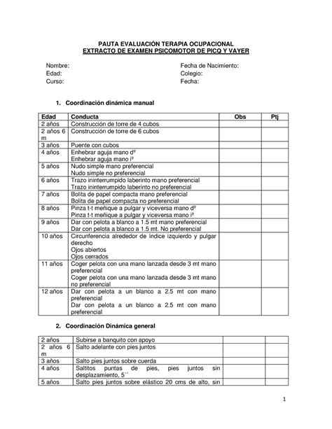 Protocolo Picq Y Vayer Pauta De Evaluaci N Pauta Evaluaci N Terapia