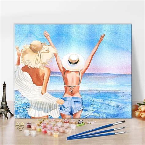 Peinture par numéros pour adultes sur toile côté mer et fille Kit de