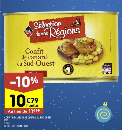 Promo Confit De Cuisses De Canard Du Sud Ouest Igp Chez Leader Price