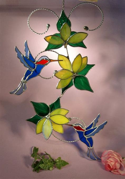 Stained Glass Suncatcher Hummingbirds With Flowers 412 Lart Du