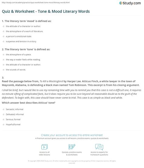 Quiz & Worksheet - Tone & Mood Literary Words | Study.com