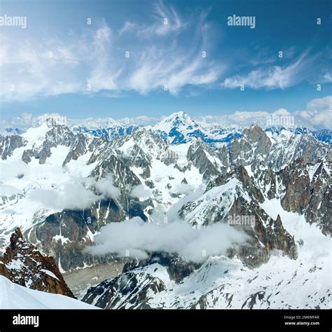 Mont Blanc Mountain Massif Summer Landscape View From Aiguille Du Midi