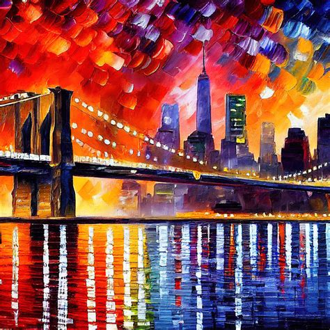 The Brooklyn Bridge At Night Painting By Am Fineartprints Pixels