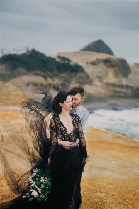 A Moody Coastal Elopement On Cape Kiwanda With A Black Lace Dress And