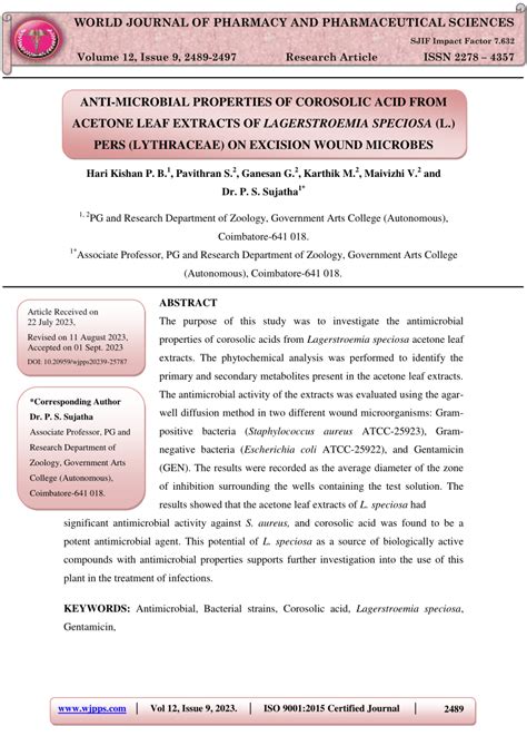 Pdf Anti Microbial Properties Of Corosolic Acid From Acetone Leaf