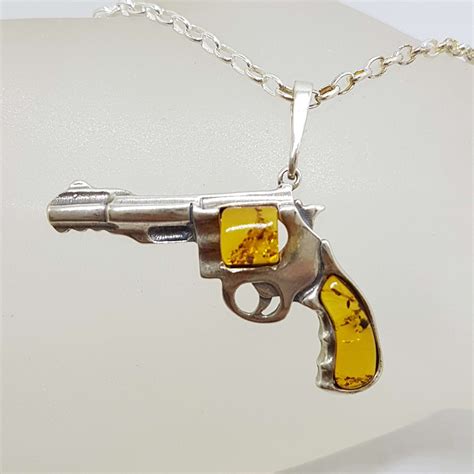 Sterling Silver Medium Natural Baltic Amber Gun Revolver Pistol