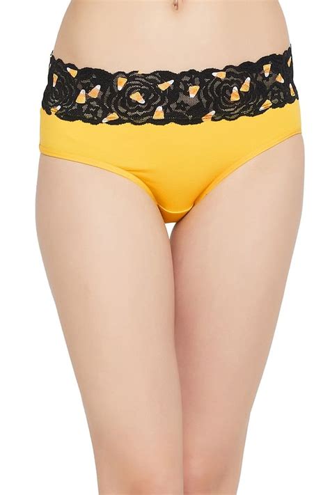 Buy Mid Waist Hipster Panty In Yellow With Printed Lace Waist Cotton Online India Best Prices