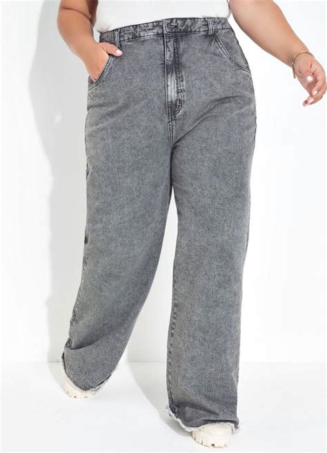 Calça Jeans Cinza Wide Leg Plus Size Marguerite