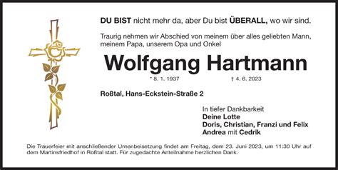 Traueranzeigen Von Wolfgang Hartmann Trauer Nn De