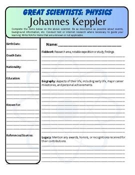 Great Scientists Johannes Keppler Biography Worksheet Physics