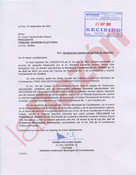 Mediante Carta Un Concejal Del Mas Pide Al Tse La P Rdida De Mandato