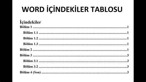 Word Indekiler Tablosu Nas L Yap L R Otomatik Ve El Ile Tablo