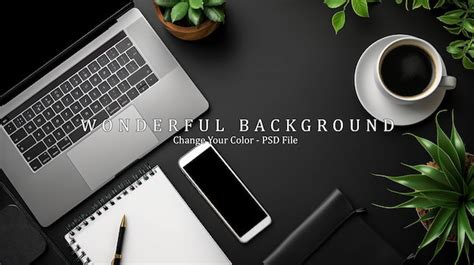 Minimalist Black Desk Workspace with Laptop Phone and Coffee | Premium ...