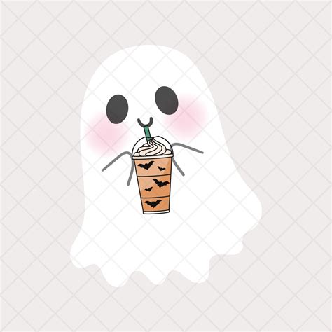 Cute Ghost Drinking Coffee Png Frappuccino Retro Halloween Etsy