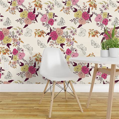 Peel And Stick Wallpaper 2ft Wide Pink Cream Yellow Butterflies Floral Orange Rose Daisy Crimson