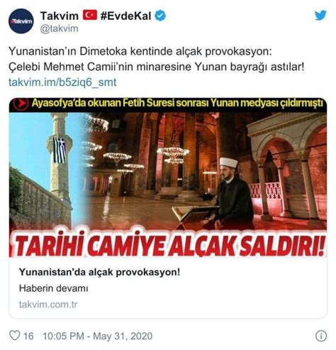 Dimetoka daki Cami Minaresine Asılan Yunanistan Bayrağını Gösterdiği